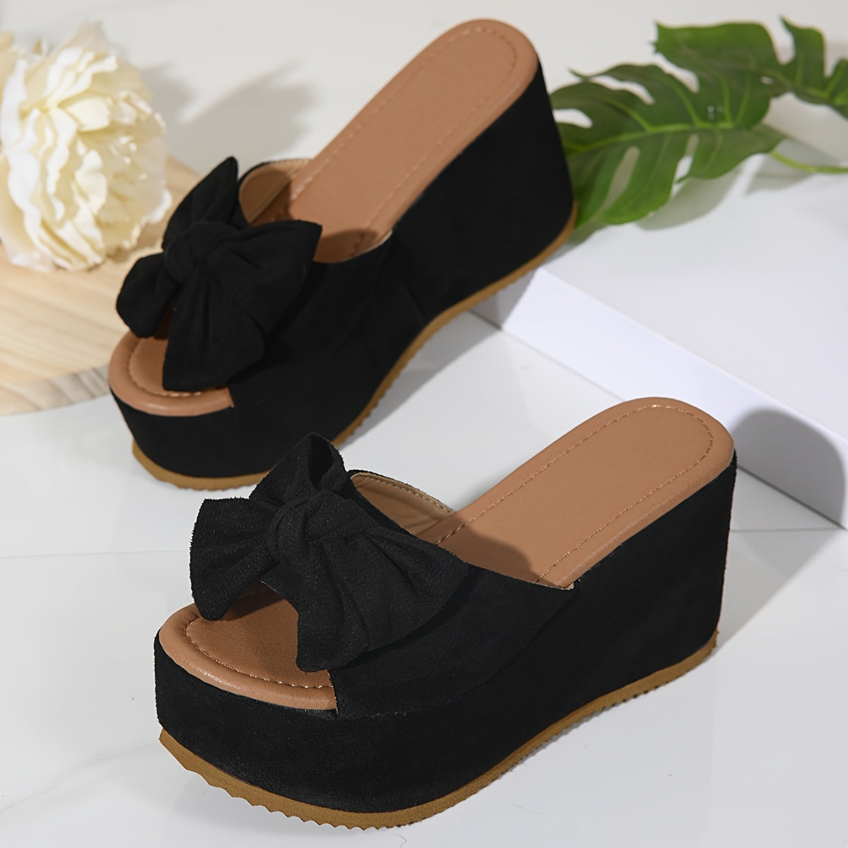Women's Leopard Print Wedge Sandals with Bowknot - Stylish Slip-On Platform Heels, Comfortable Open Toe Design for Everyday & Party Wear, Black and Brown Animal Print Pattern, Everyday Footwear | Elegant Footwear | Fabric Upp